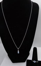 Premium Blue Zircon, White Zircon Ring & Pendant Necklace In Platinum Over Sterling