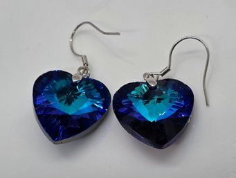 Faux Blue Magic Color Quartz Heart Dangle Earrings In Rhodium Over Sterling