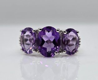 Amethyst & Diamond 3 Stone Ring In Platinum Over Sterling