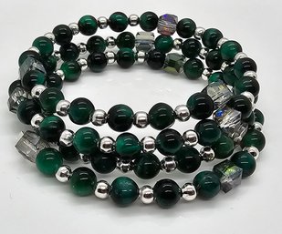 Hand Made Wrap Bracelet With Green Tigers Eye, Crystal & Sterling Over Beads