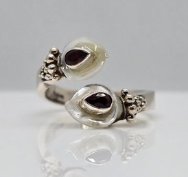 Sajen Silver, Mother Of Pearl Carved Flower, Garnet Bypass Ring In Sterling