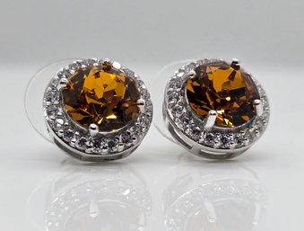 Premium Topaz Color Swarovski Crystal, Faux Diamond Halo Stud Earrings In Platinum Over Sterling