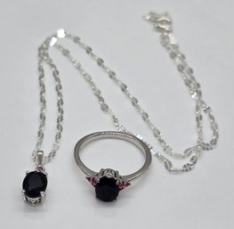 Blue Sapphire, Pink Sapphire Ring & Pendant Necklace In Platinum Over Sterling