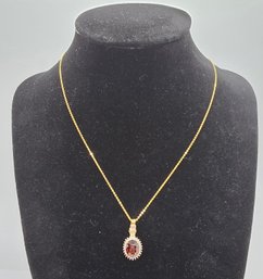 Premium Red Zircon & Diamond Sunburst Pendant Necklace In Yellow Gold Over Sterling