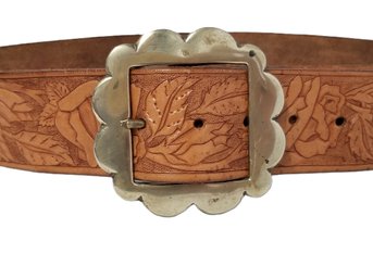Vintage Floral Embossed Leather Belt With Brass Buckle - Made In England