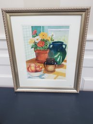 Framed Signed By Artist MK Merrill Still Life Watercolor Painting - Peaches, Crocks & Flowers