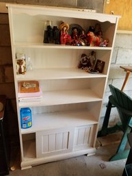 White Wood Painted Shelf Unit - 4 Shelves, Sliding Door - Contents Not Included