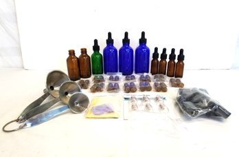 Nice Selection Of Cobalt Blue, Brown & Green Glass Bottles With Droppers, Mini Glass Containers & Funnels
