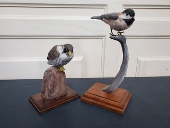 Two Carved Peregrine Falcon & Chickadee On Wood Twigs