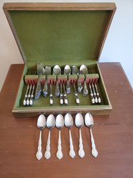 Vintage MCM Stainless Steel Flatware & Wood Storage Box - Lyons Queens Fancy