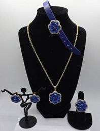 Sapphire Blue Color & White Austrian Crystal, Faux Leather Floral Bracelet, Earrings, Ring, Pendant Necklace