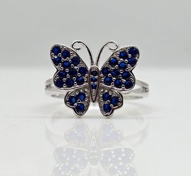 Faux Blue Color Sapphire Color Diamond Butterfly Ring In Rhodium Over Sterling