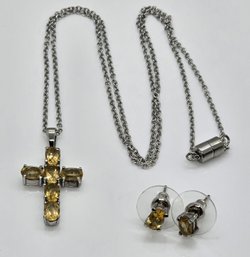 Brazilian Citrine Earrings & Cross Pendant Necklace In Stainless