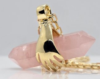 Rose Quartz Pendant Necklace In Gold Tone
