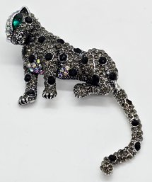 Multicolor Austrian Crystal, Green Glass Leopard Broach In Silvertone With Movable Tail