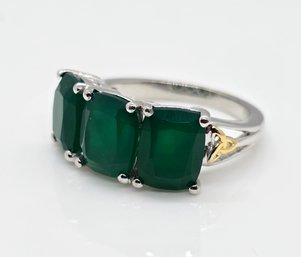 Green Onyx Three Stone Ring In 18K Yellow Gold Plated