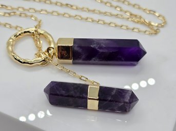 Amethyst Pencil Shape Pendant Necklace In Gold Tone