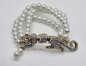 Simulated White Pearl, Mystic White Austrian Crystal Multi-row Bracelet With Leopard Charm In Gold Tone