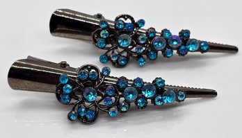 2 Beautiful Blue Hairclips In Gunmetal