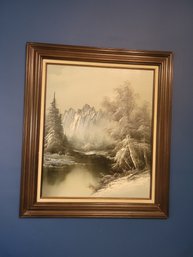 Mid Century Oil On Canvass. Unsigned. A Nice Snow / River Scene. - - - - - - - - - - - - - - - Loc: Bedroom