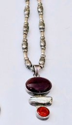 Lovely Tiered Bezel Set Pendant With Abalone And Semi-precious Stones On Embossed Sterling Beaded Chain