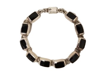 Vintage Sterling Silver & Black Onyx Square Link Chain Bracelet - Made In Mexico