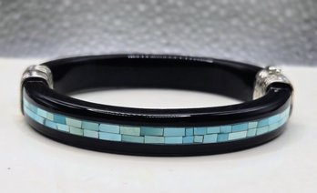 Vintage Hinged Bangle Bracelet With Sterling Magnetic Clasp In Black Onyx And Turquoise Mosaic Inlay