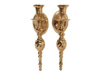 1980's Neoclassical Style Turned Solid Brass Candlestick Holder Wall Sconces - Made In India