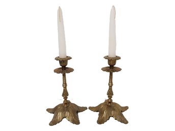 Pair Of Solid Brass 7' Candle Stick Holders With Tapered Candles