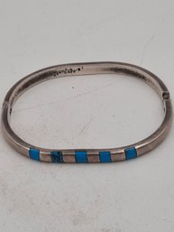 Vintage Sterling Silver Closed-bangle Bracelet With Flushed Turquoise
