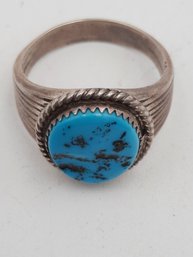 Large Vintage Navajo Sterling Silver Ring- Hand Chased Setting & Large Raw Turquoise- Size 13.5