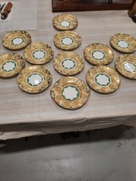 Set Of 11 Antique Gold-encrusted 8' Porcelain Salad Plates  Handled Server