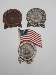 Grouping Of 3 Early Military Pinbacks-marine Corps EGA, Air Force Wreath, Army With Waving Flag