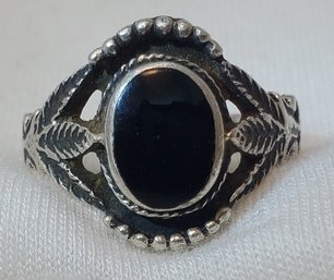 Vintage Sterling Silver Size 8 Stunning Black Onyx Palm Leaf Ring ~ 4.31 Grams