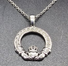 Platinum Over Sterling Claddagh Pendant With Stainless Chain