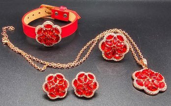 Austrian Crystal, Faux Leather Floral Bracelet, Earrings, Ring & Pendant Necklace In Rosetone