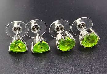 2 Pair Of Chartreuse Quartz Stud Earrings In Stainless