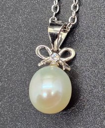 Freshwater Cultured Pearl, Simulated Diamond Pendant In Rhodium Over Sterling With Stainless Chain