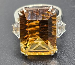 Concave Cut Brazilian Citrine, White Topaz Ring In Platinum Over Sterling