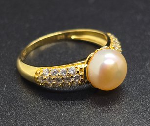 Peach Freshwater Pearl, Simulated Diamond Ring In 14k Yellow Gold Over Sterling