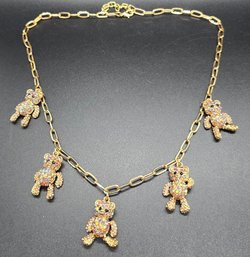 Multi-Color Austrian Crystal Teddy Bear Charm Necklace In Goldtone