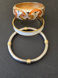 Trio Of Bangle Bracelets - 2 MONET Gold Enamel & 1 Silver W/ Gold Wire