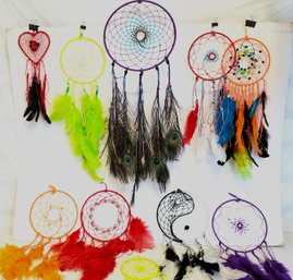 Set Of 12 Colorful Various Sized Handmade Dream Catchers With Feathers