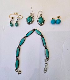 Turquoise Bead And Silver Earrings And Bezel Link Chain Bracelet With Turquoise Inlay