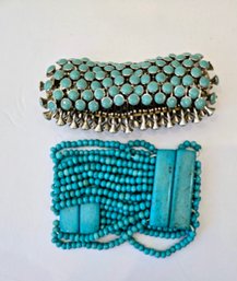 2 Turquoise Colored  Beaded Stretch Bracelets - 1 Pave Bezel & 1 Seed Bead With Slabs