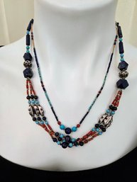 2 Multi-Beaded Necklaces With Coral, Palm Stone/Lapis/turquoise