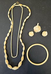 Stunning Carved Natural Ivory / Bone Jewelry Set - 1 Bangle, 2 Necklaces, 1 Pendant And Stud Earrings