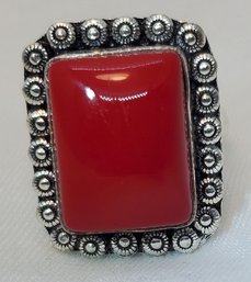 Sterling Silver Plated Size 7.5 Synthetic Red Coral Ring ~ 5/8'