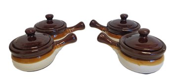 Four Vintage Brown & Tan French Onion Handles Soup Crocks With Lids