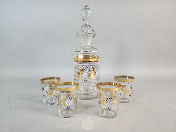 Vintage Hand Blown Glass Decanter & Cups Embellished With With Gold, White, Blue Floral Pattern